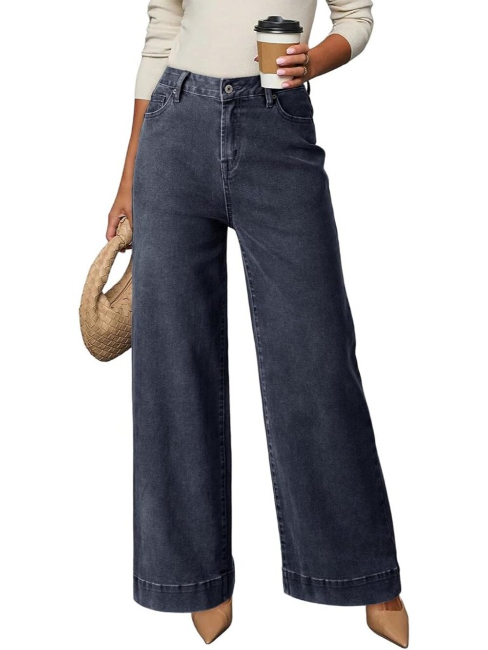 Women's Blue High Waisted Jeans Stretch Wide Leg Loose Denim Baggy Pant Jeans